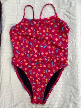 Jolyn Perry One-Piece Swimsuit - Size 32 - Bright Red Floral Peach Print
